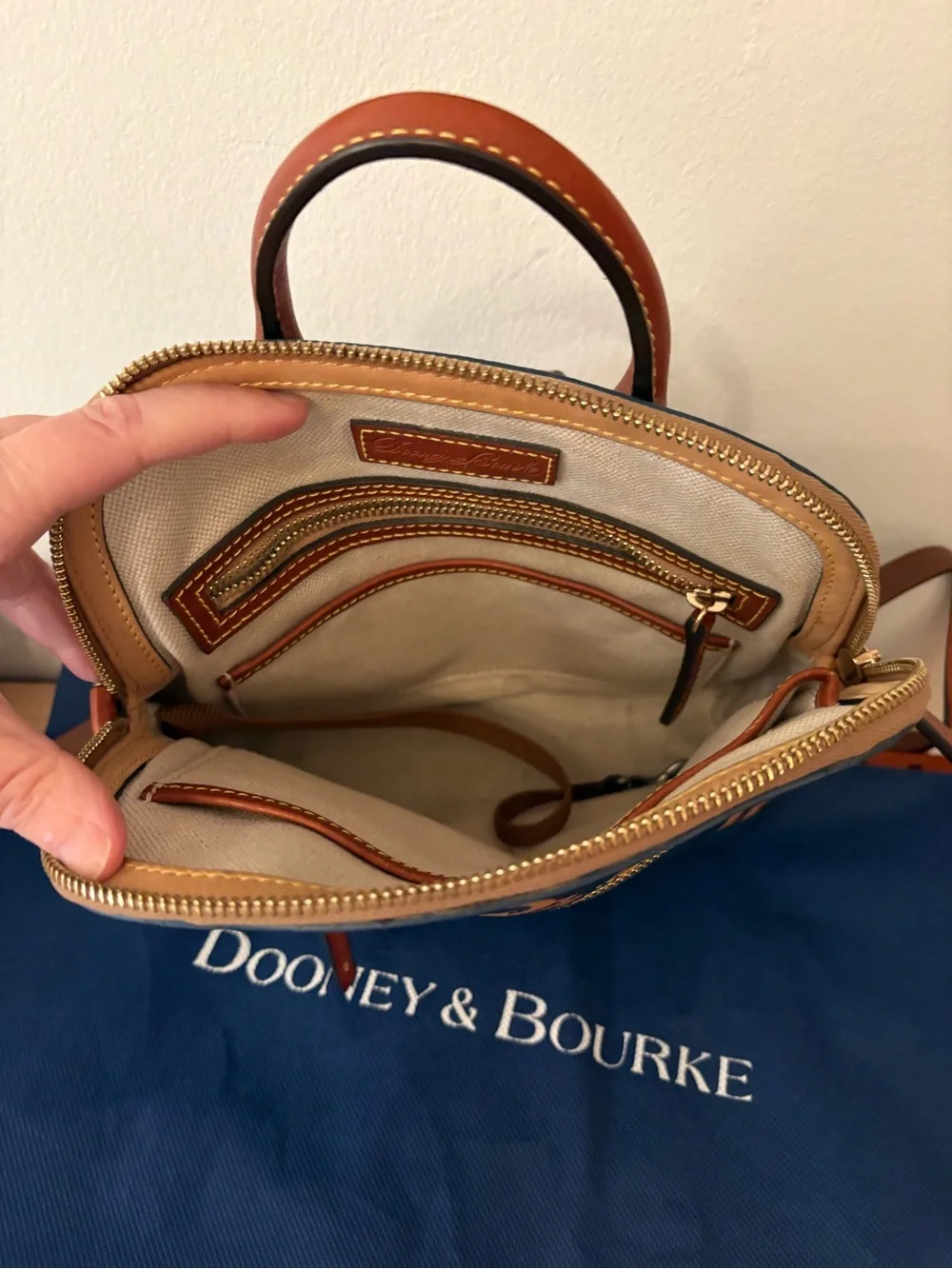 Dooney & Bourke Blue Backpack with Tan Monogram Accents w/ Dust Bag